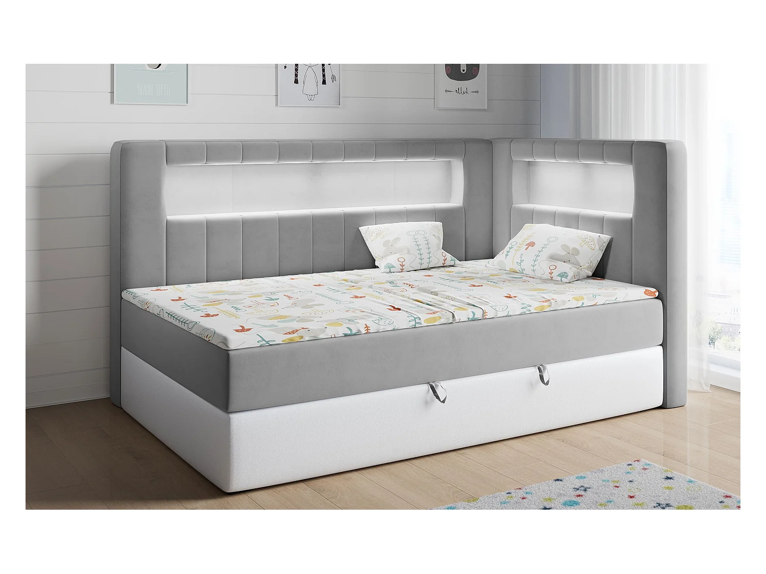 Kinderbett JUNIOR GOLD 3 - Einzelbett mit Matratze, LED-Beleuchtung, Bettkasten - 90x200 cm - Rechts Seite