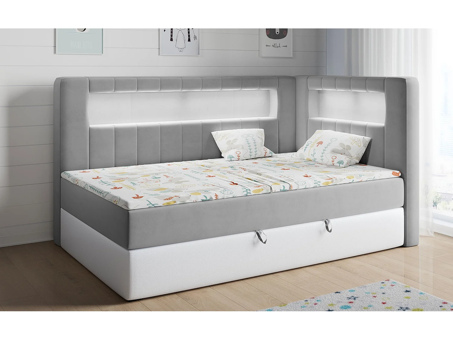 Kinderbett JUNIOR GOLD 3 - Einzelbett mit Matratze, LED-Beleuchtung, Bettkasten - 90x200 cm - Rechts Seite