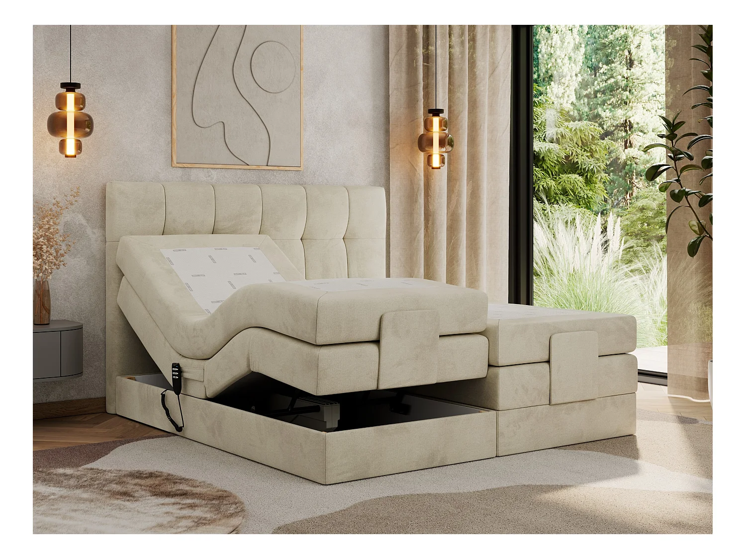 Boxspringbett VITTORIA - mit gestepptem Kopfteil, elektrischem Untergestell, Multipocket-Matratze - 180x200 cm - H4 - Beige Velvet