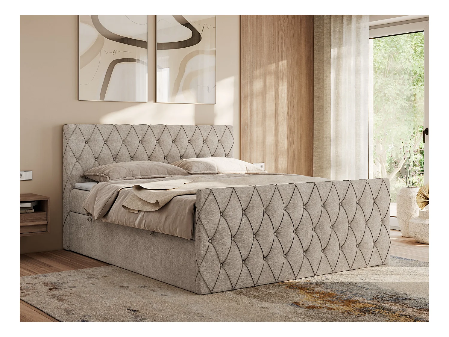 Boxspringbett MIREN DUO - mit gestepptem Kopfteil und Front, Multipocket-Matratze, zwei Bettkästen - 140x200 cm - H4 - Beige Strukture