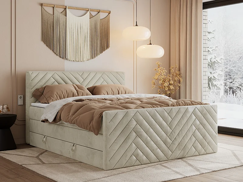 Boxspringbett PARIS KING DUO - dekorative Kopfstütze und Front, zwei Multipocket-Matratze mit Topper - 140x200 cm - H4 - Beige Velvet