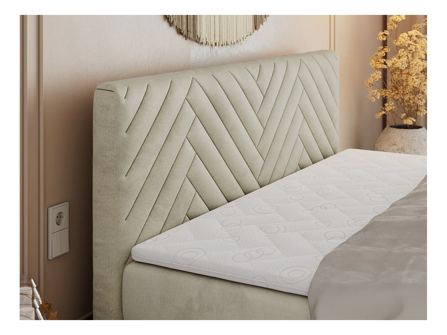 Boxspringbett PARIS KING DUO - dekorative Kopfstütze und Front, zwei Multipocket-Matratze mit Topper - 140x200 cm - H4 - Beige Velvet