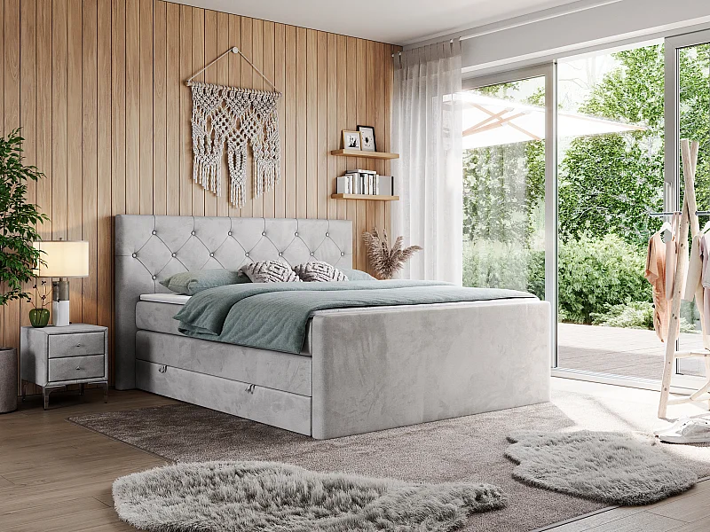 Boxspringbett VELEN KING - Doppelbett mit gestepptem Kopfteil, zwei Multipocket-Matratzen, Polsterbett mit Kopfstütze - 180x200 cm - H3 - Hellgrau Velvet