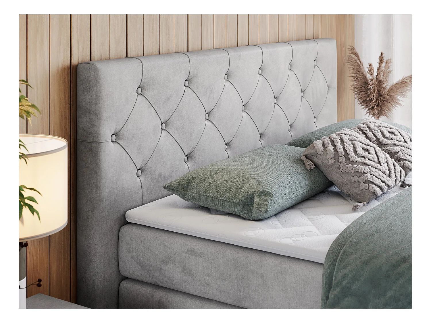 Boxspringbett VELEN KING - Doppelbett mit gestepptem Kopfteil, zwei Multipocket-Matratzen, Polsterbett mit Kopfstütze - 180x200 cm - H3 - Hellgrau Velvet