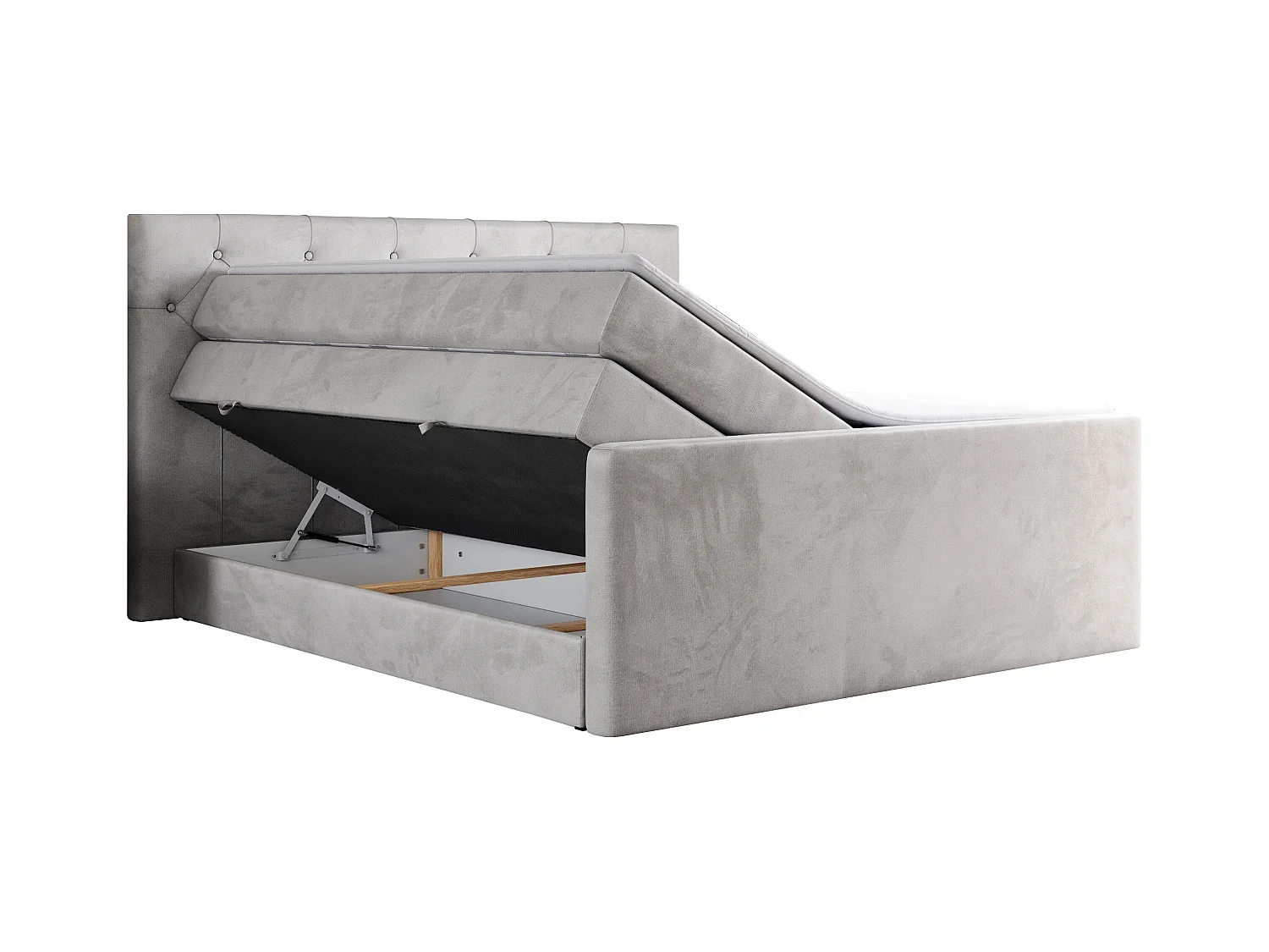 Boxspringbett VELEN KING - Doppelbett mit gestepptem Kopfteil, zwei Multipocket-Matratzen, Polsterbett mit Kopfstütze - 180x200 cm - H3 - Hellgrau Velvet