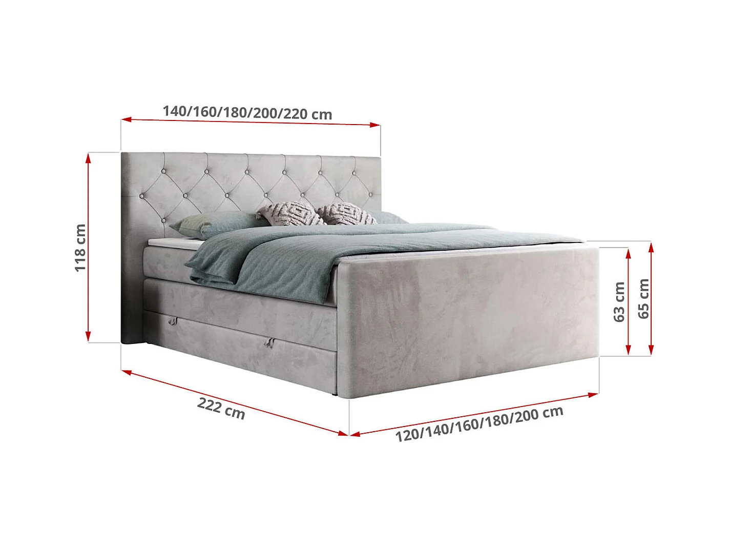 Boxspringbett VELEN KING - Doppelbett mit gestepptem Kopfteil, zwei Multipocket-Matratzen, Polsterbett mit Kopfstütze - 180x200 cm - H3 - Hellgrau Velvet