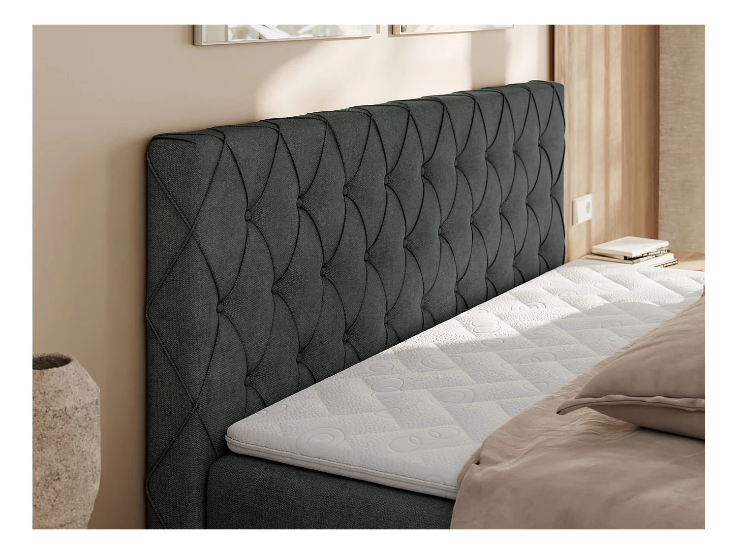 Boxspringbett MIREN DUO - mit gestepptem Kopfteil und Front, Multipocket-Matratze, zwei Bettkästen - 160x200 cm - H4 - Dunkelgrau Strukture