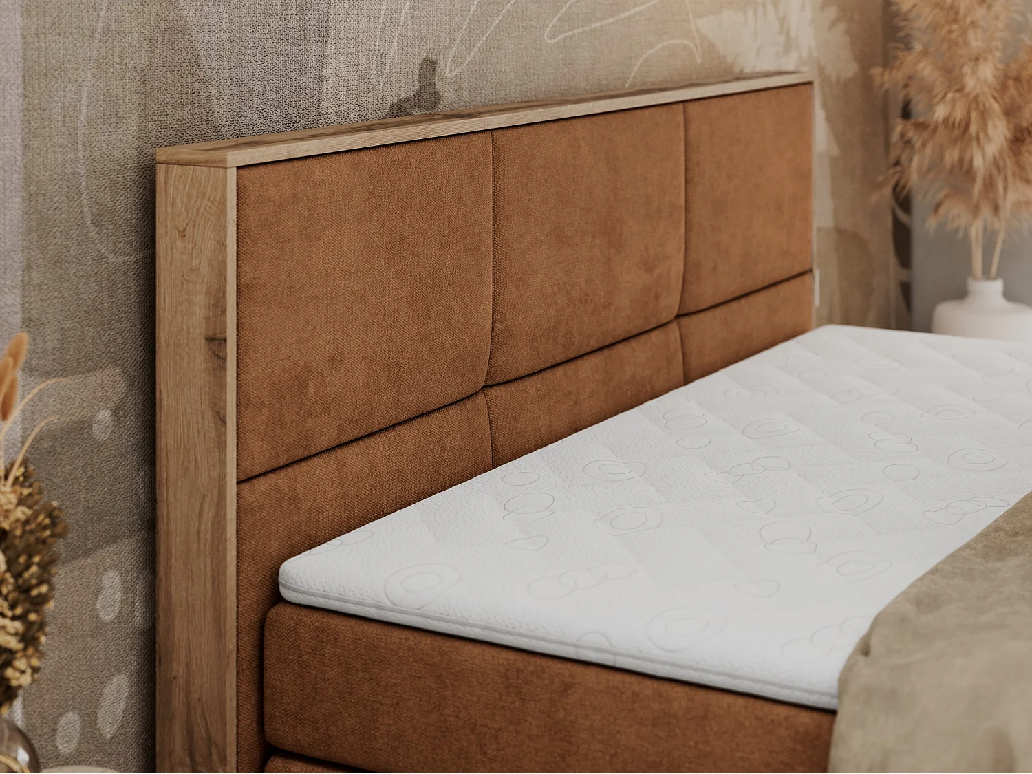 Boxspringbett ALBERO 2 KING DUO - Eiche Wotan Holzrahmen, zwei Multipocket-Matratzen, Bettkästen - 160x200 cm - H4 - Orange Strukture