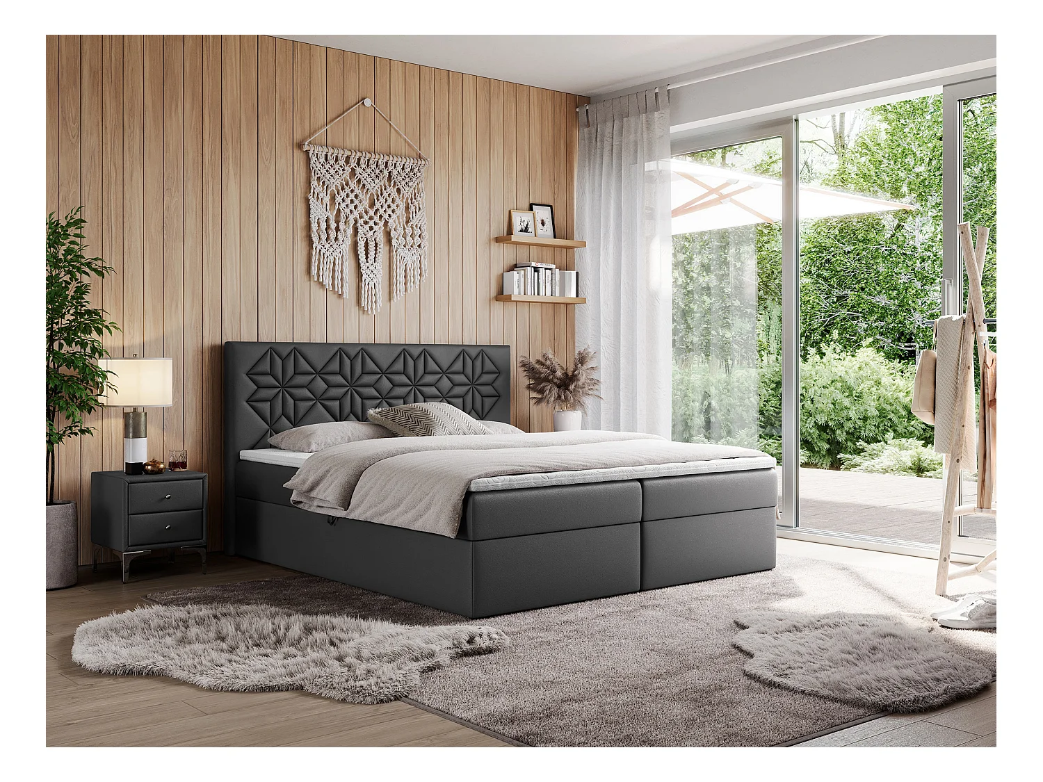 Boxspringbett LEILA - gestepptes Kopfteil,  7 Härtezonen Multipocket-Matratzen, Doppelbett mit Bettkästen - 120x200 cm - H4 - Dunkelgrau Kunstleder