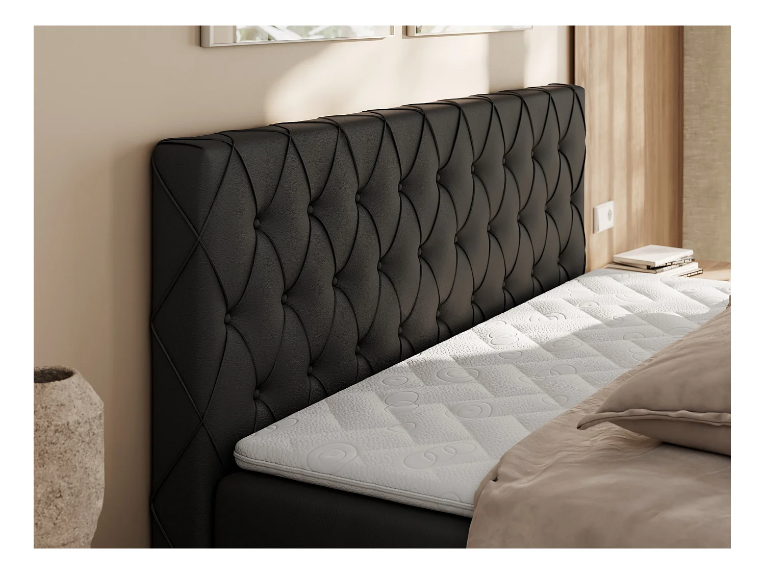 Boxspringbett MIREN DUO - mit gestepptem Kopfteil und Front, Multipocket-Matratze, zwei Bettkästen - 160x200 cm - H3 - Schwarz Kunstleder