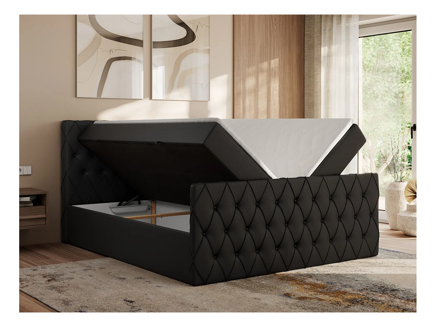 Boxspringbett MIREN DUO - mit gestepptem Kopfteil und Front, Multipocket-Matratze, zwei Bettkästen - 160x200 cm - H3 - Schwarz Kunstleder