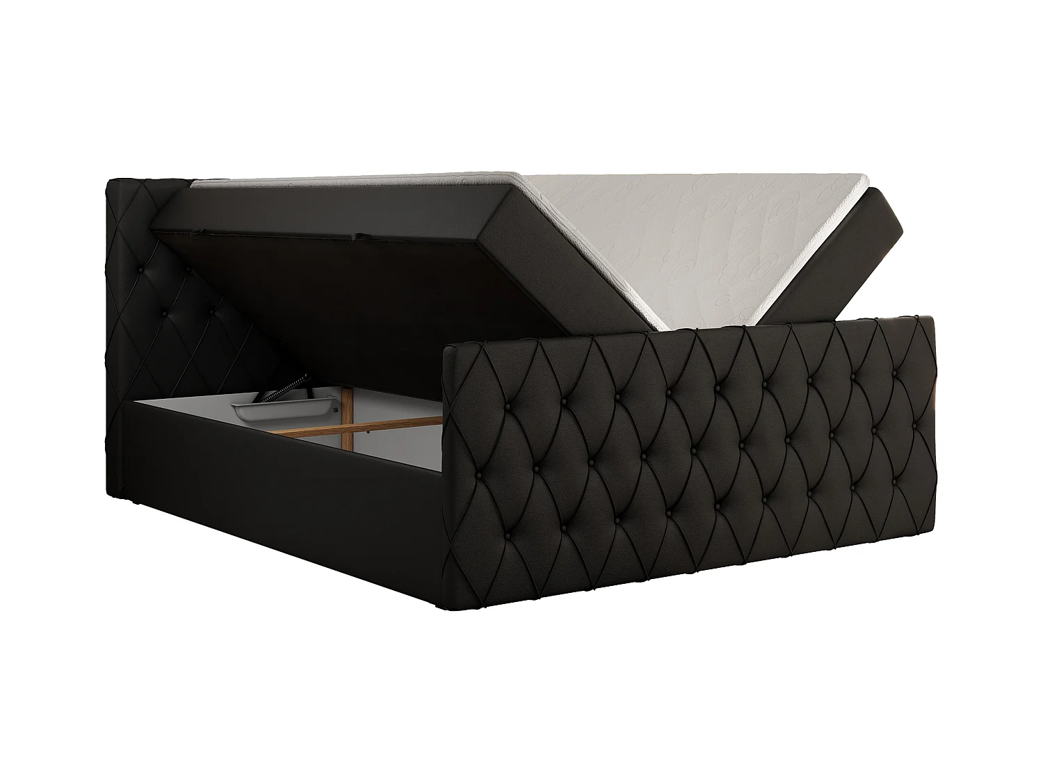 Boxspringbett MIREN DUO - mit gestepptem Kopfteil und Front, Multipocket-Matratze, zwei Bettkästen - 160x200 cm - H3 - Schwarz Kunstleder