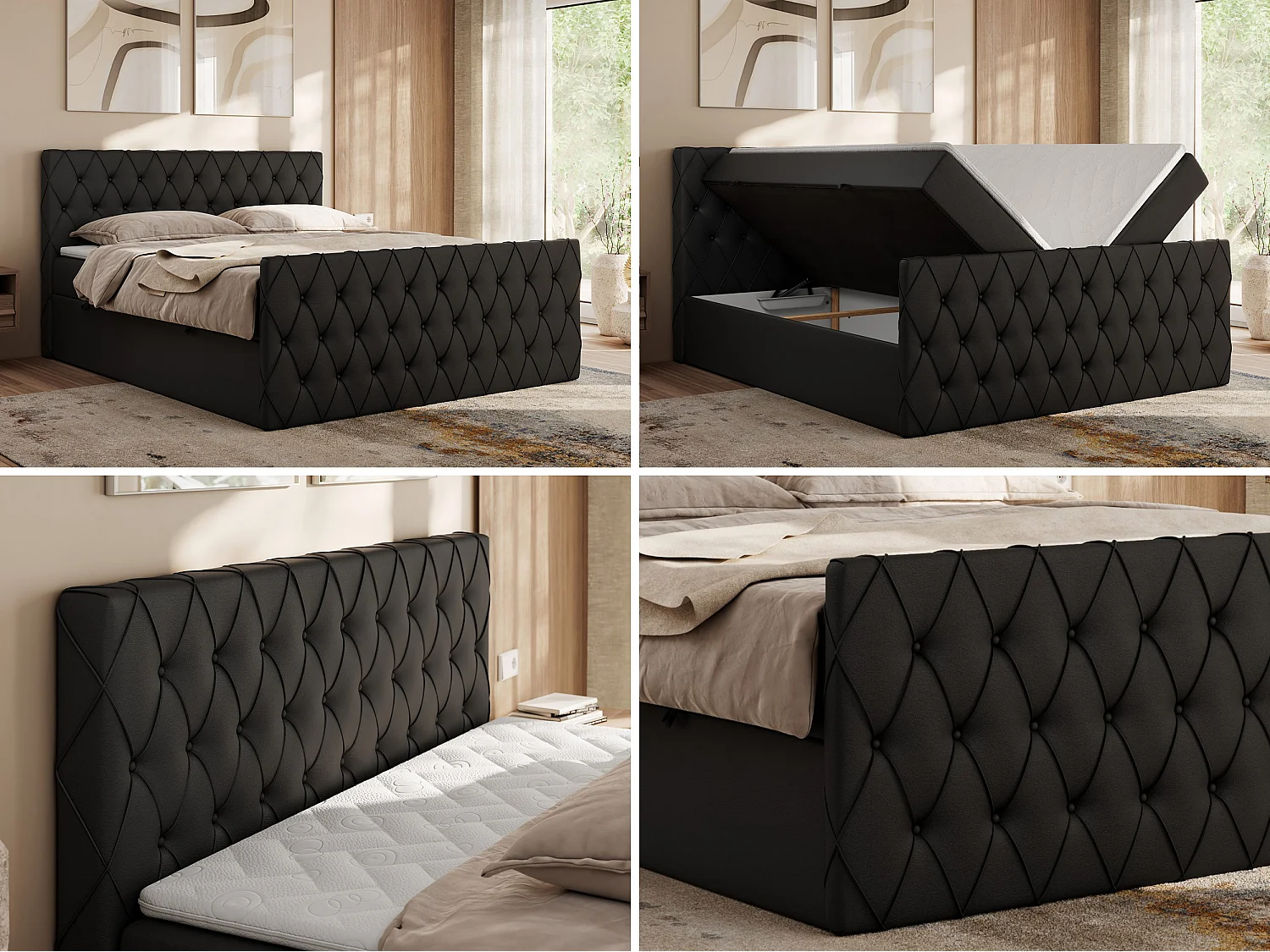 Boxspringbett MIREN DUO - mit gestepptem Kopfteil und Front, Multipocket-Matratze, zwei Bettkästen - 160x200 cm - H3 - Schwarz Kunstleder