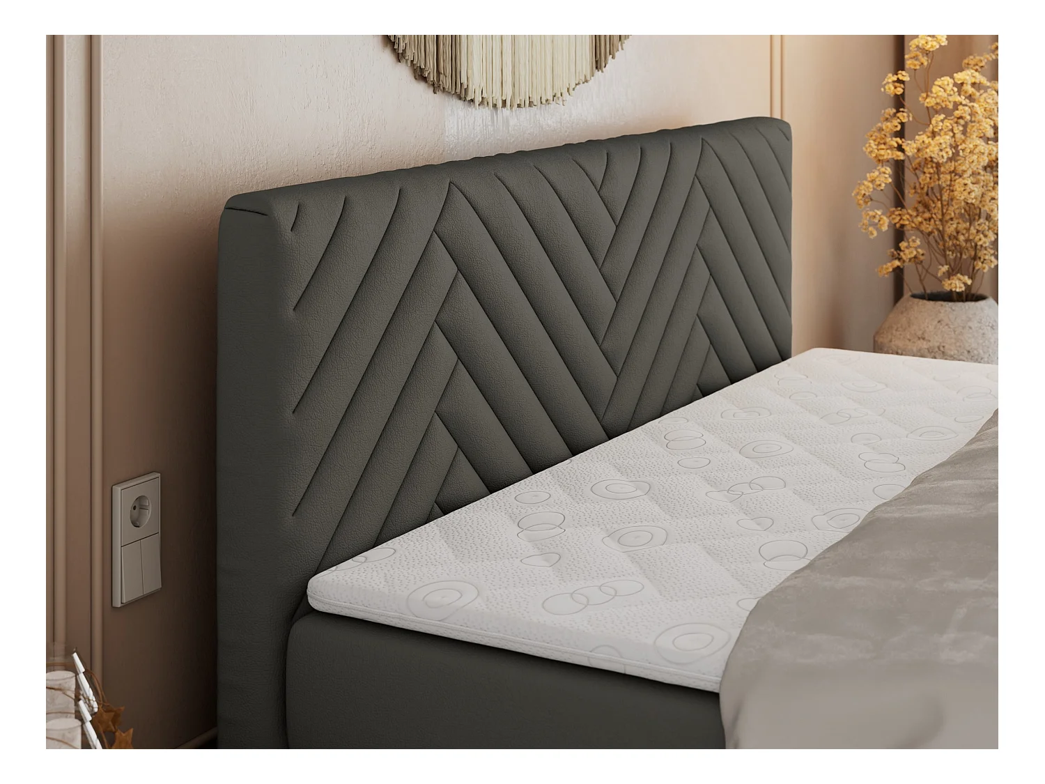 Boxspringbett PARIS KING DUO - dekorative Kopfstütze und Front, zwei Multipocket-Matratze mit Topper - 200x200 cm - H3 - Grau Kunstleder