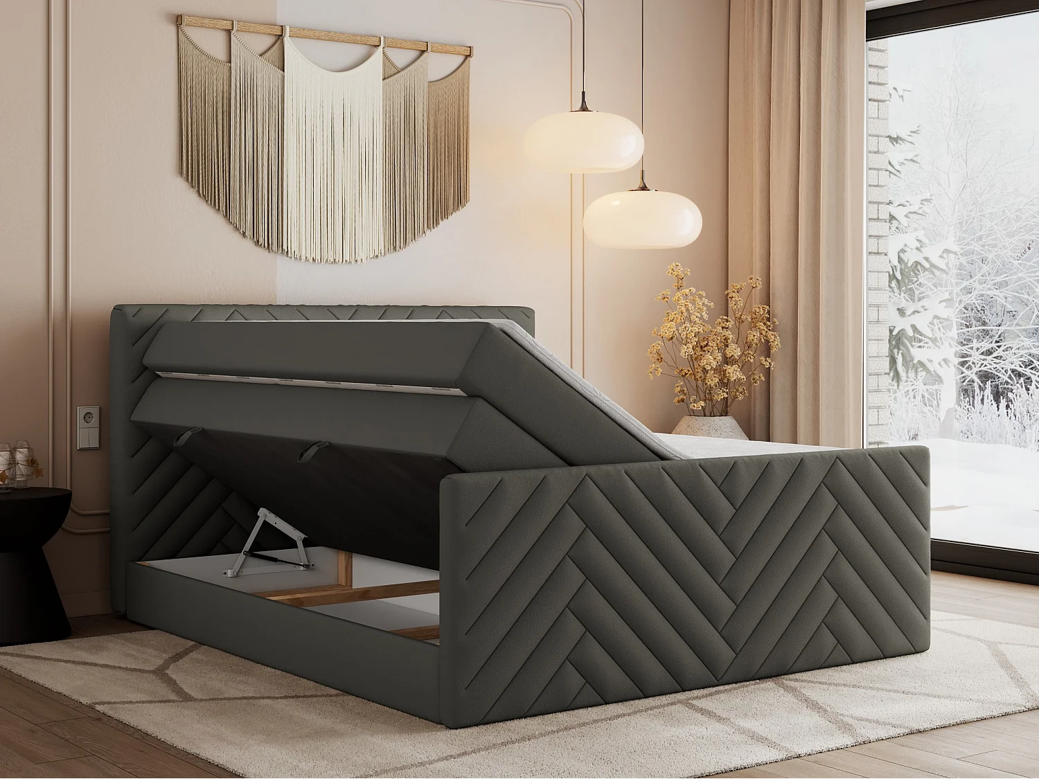 Boxspringbett PARIS KING DUO - dekorative Kopfstütze und Front, zwei Multipocket-Matratze mit Topper - 200x200 cm - H3 - Grau Kunstleder