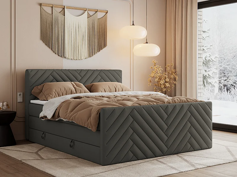 Boxspringbett PARIS KING DUO - dekorative Kopfstütze und Front, zwei Multipocket-Matratze mit Topper - 200x200 cm - H3 - Grau Kunstleder