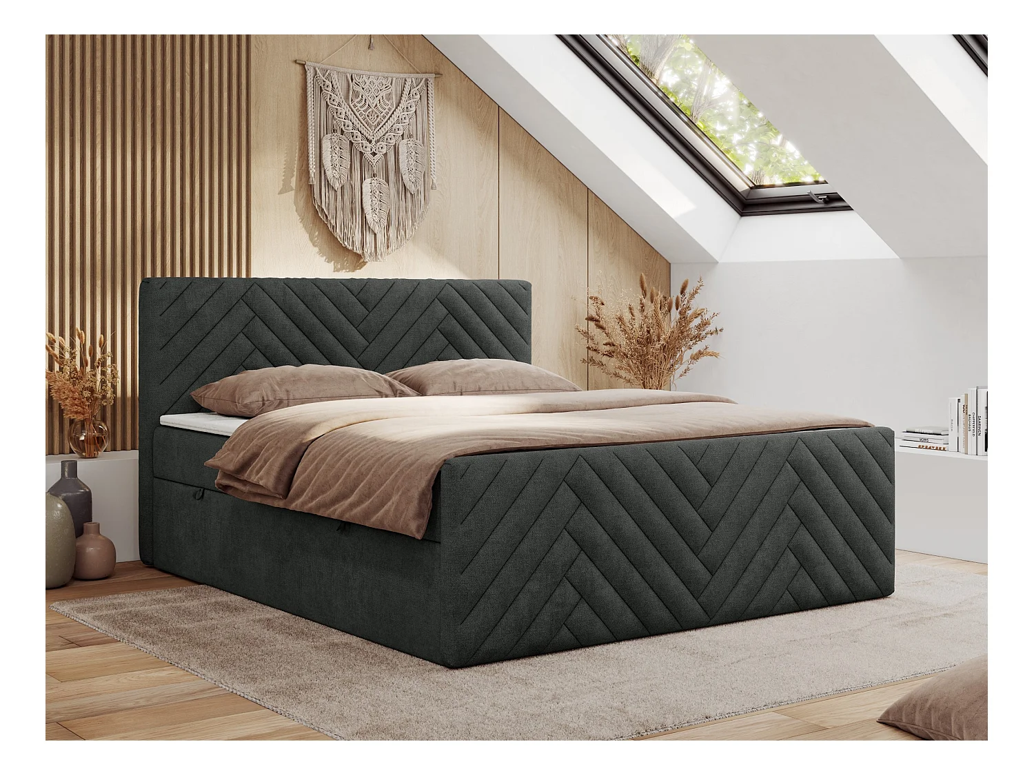 Boxspringbett PARIS DUO - Polsterbett mit genähtem Kopfteil und Frontplatte, Doppelbett, zwei Bettkästen - 180x200 cm - H3 - Dunkelgrau Strukture