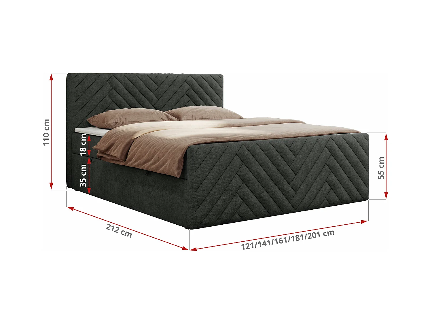 Boxspringbett PARIS DUO - Polsterbett mit genähtem Kopfteil und Frontplatte, Doppelbett, zwei Bettkästen - 180x200 cm - H3 - Dunkelgrau Strukture