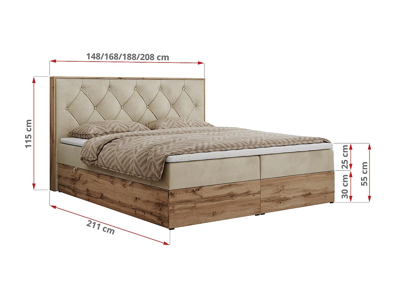 Boxspringbett VENETO - gestepptem Kopfteil, Set mit Multipocket-Matratze und Topper, Holzrahmen, zwei Bettkästen - 140x200 cm - H4 - Beige Velvet