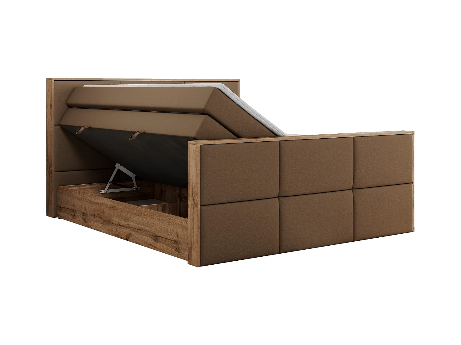 Boxspringbett ALBERO 2 KING DUO - Eiche Wotan Holzrahmen, zwei Multipocket-Matratzen, Bettkästen - 200x200 cm - H4 - Braun Kunstleder