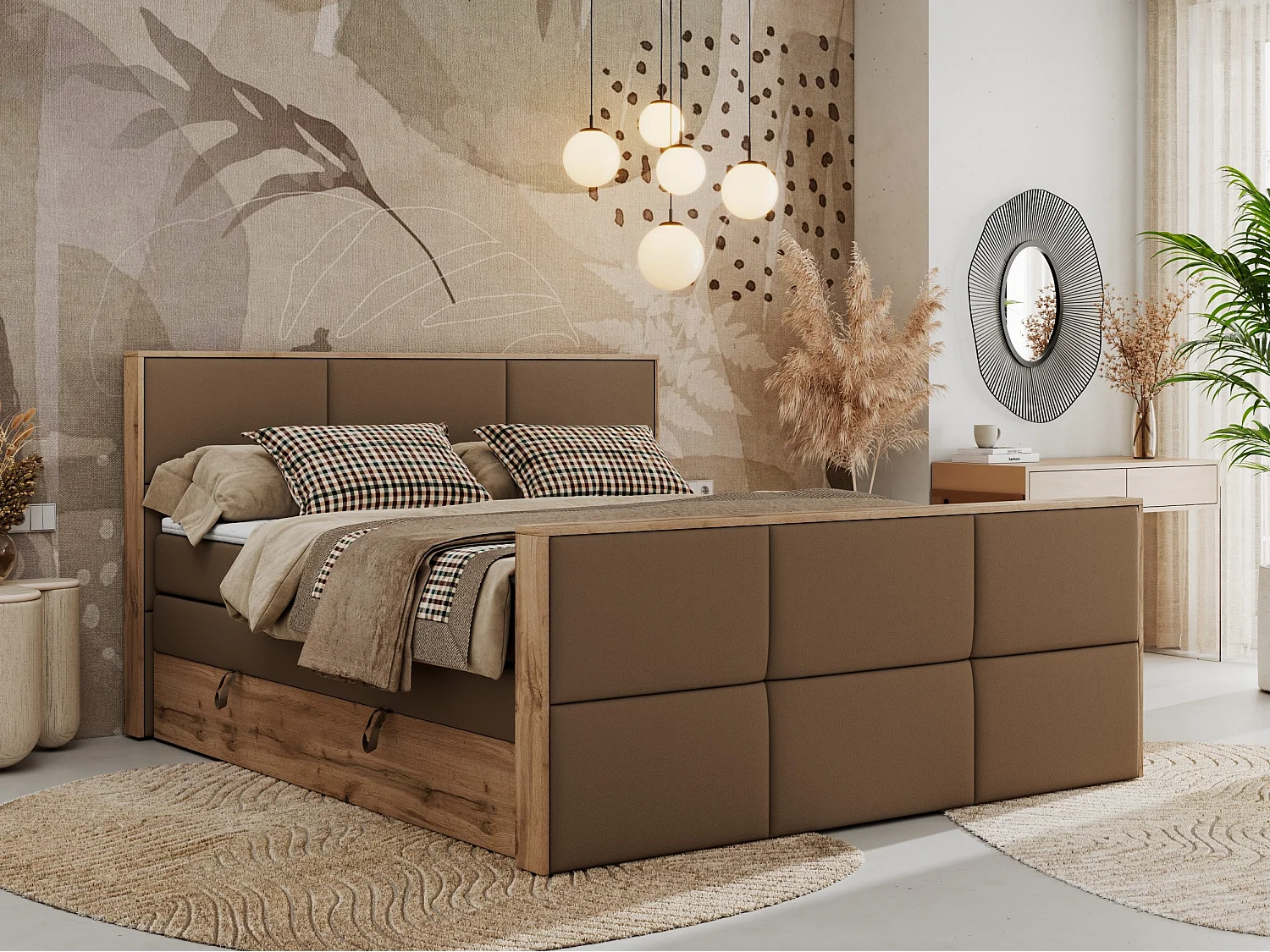 Boxspringbett ALBERO 2 KING DUO - Eiche Wotan Holzrahmen, zwei Multipocket-Matratzen, Bettkästen - 200x200 cm - H4 - Braun Kunstleder