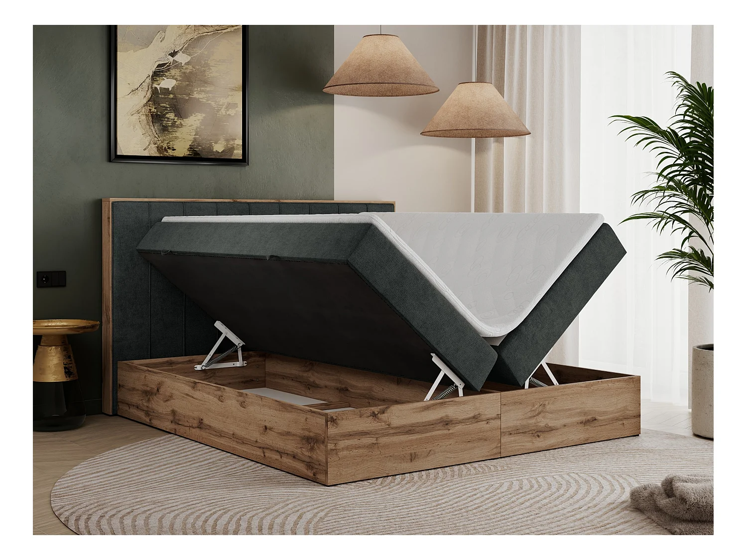 Boxspringbett BELLISSIMO - mit gestepptem Kopfteil, Polsterbett mit zwei Bettkästen, Multipocket-Matratze - 140x200 cm - H3 - Dunkelgrau Strukture