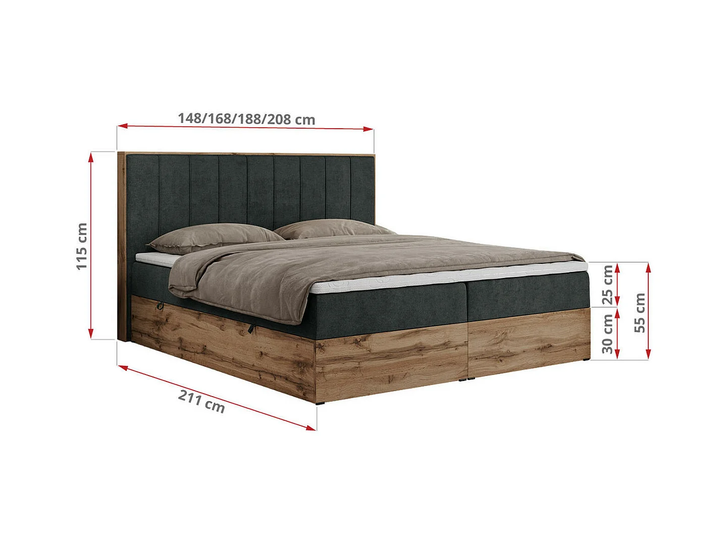 Boxspringbett BELLISSIMO - mit gestepptem Kopfteil, Polsterbett mit zwei Bettkästen, Multipocket-Matratze - 140x200 cm - H3 - Dunkelgrau Strukture