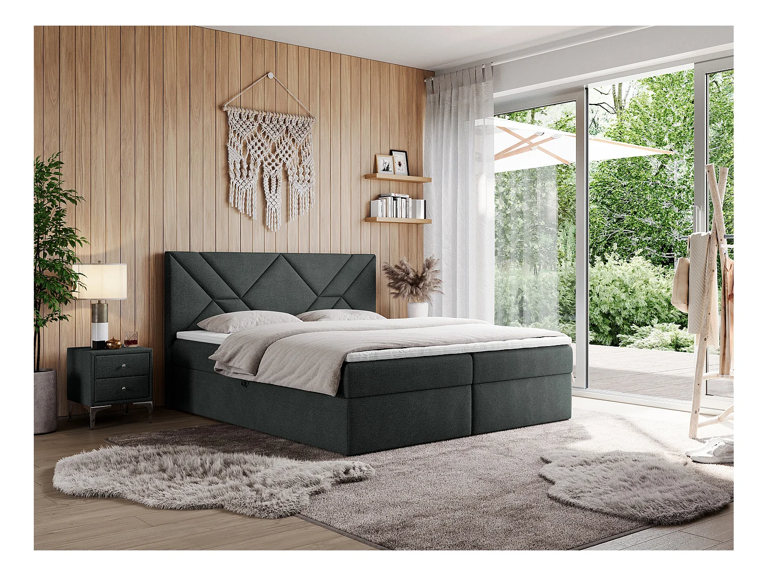 Boxspringbett NEOMI - dekorativem Kopfteil, Polsterbett mit Multipocket-Matratzen, zwei Bettkästen - 140x200 cm - H4 - Hellgrau Strukture