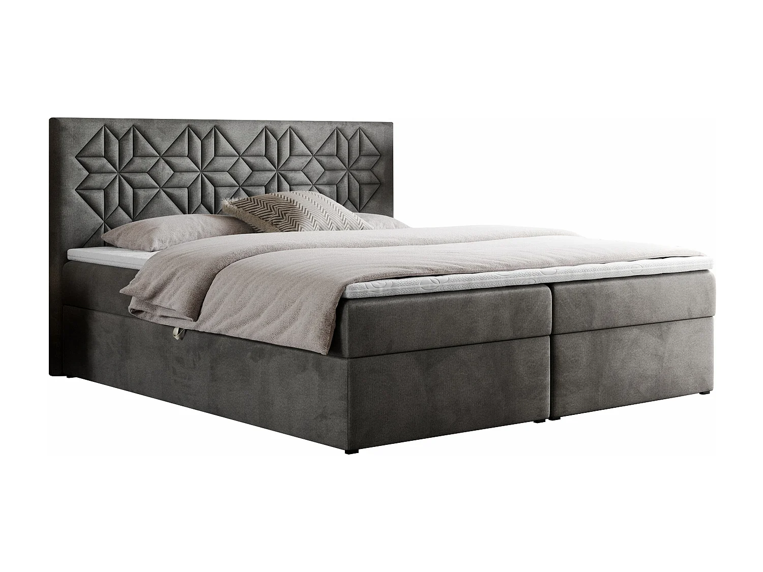 Boxspringbett LEILA - gestepptes Kopfteil,  7 Härtezonen Multipocket-Matratzen, Doppelbett mit Bettkästen - 180x200 cm - H4 - Dunkelgrau Velvet