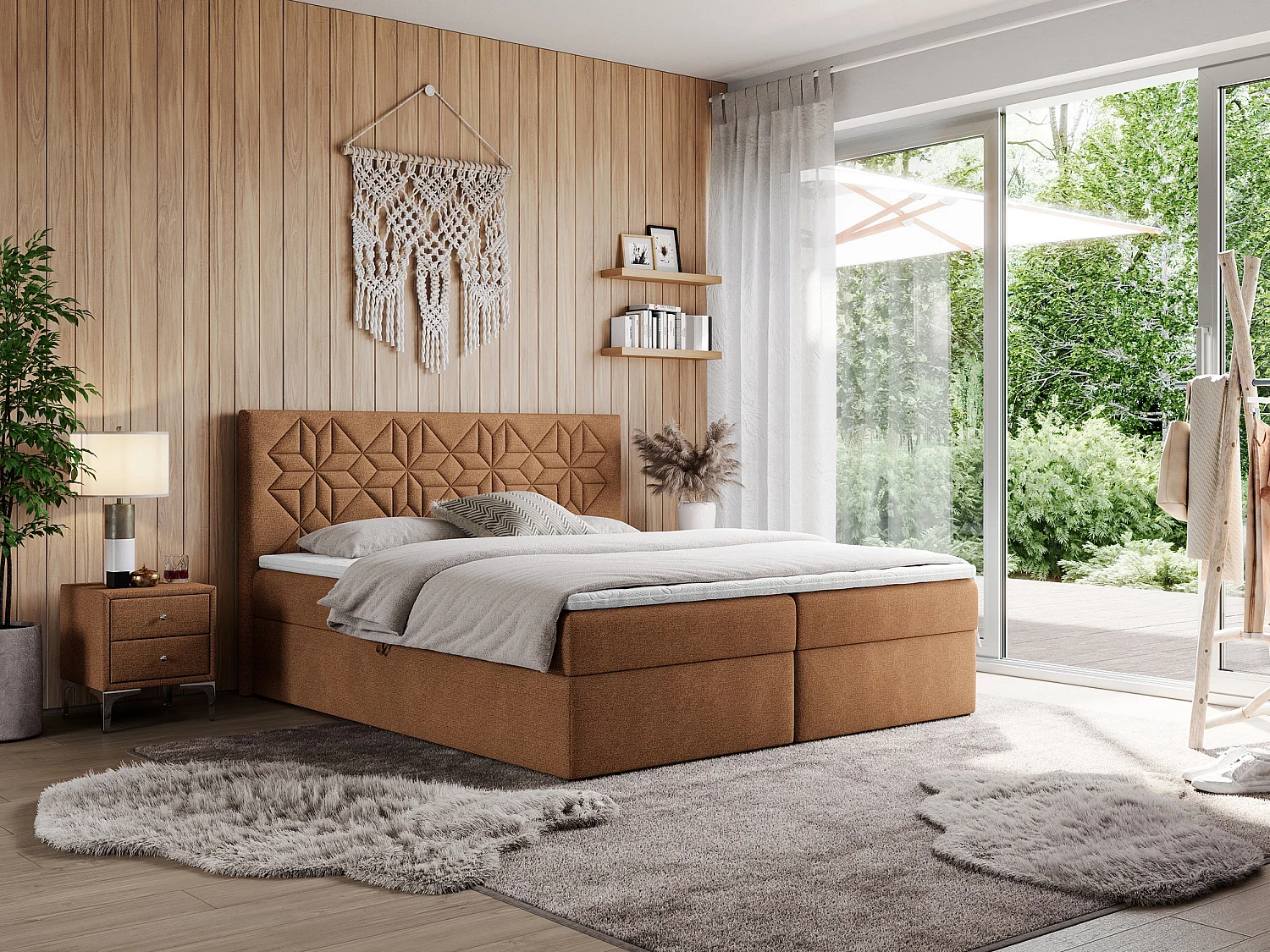 Boxspringbett LEILA - gestepptes Kopfteil,  7 Härtezonen Multipocket-Matratzen, Doppelbett mit Bettkästen - 180x200 cm - H4 - Orange Strukture