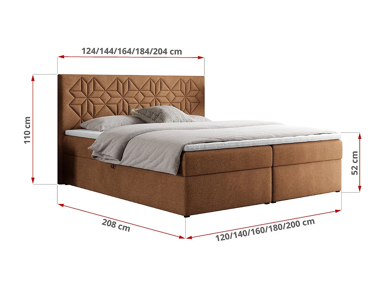 Boxspringbett LEILA - gestepptes Kopfteil,  7 Härtezonen Multipocket-Matratzen, Doppelbett mit Bettkästen - 180x200 cm - H4 - Orange Strukture