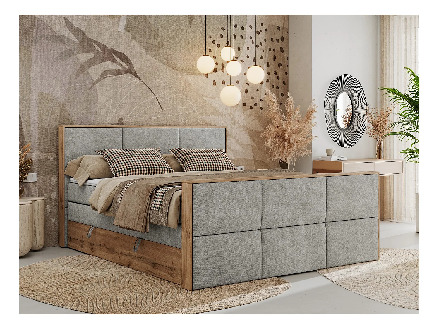 Boxspringbett ALBERO 2 KING DUO - Eiche Wotan Holzrahmen, zwei Multipocket-Matratzen, Bettkästen - 160x200 cm - H4 - Hellgrau Strukture