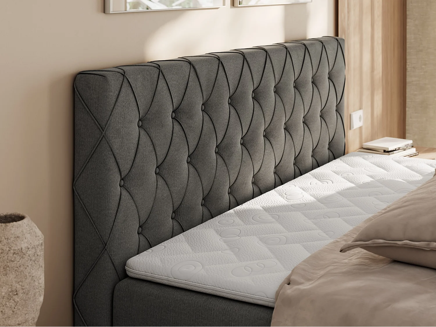 Boxspringbett MIREN DUO - mit gestepptem Kopfteil und Front, Multipocket-Matratze, zwei Bettkästen - 120x200 cm - H3 - Dunkelgrau Velvet