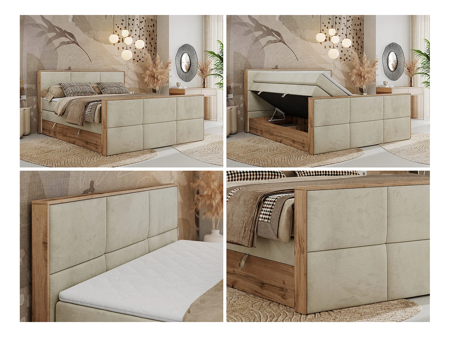 Boxspringbett ALBERO 2 KING DUO - Eiche Wotan Holzrahmen, zwei Multipocket-Matratzen, Bettkästen - 200x200 cm - H3 - Beige Velvet