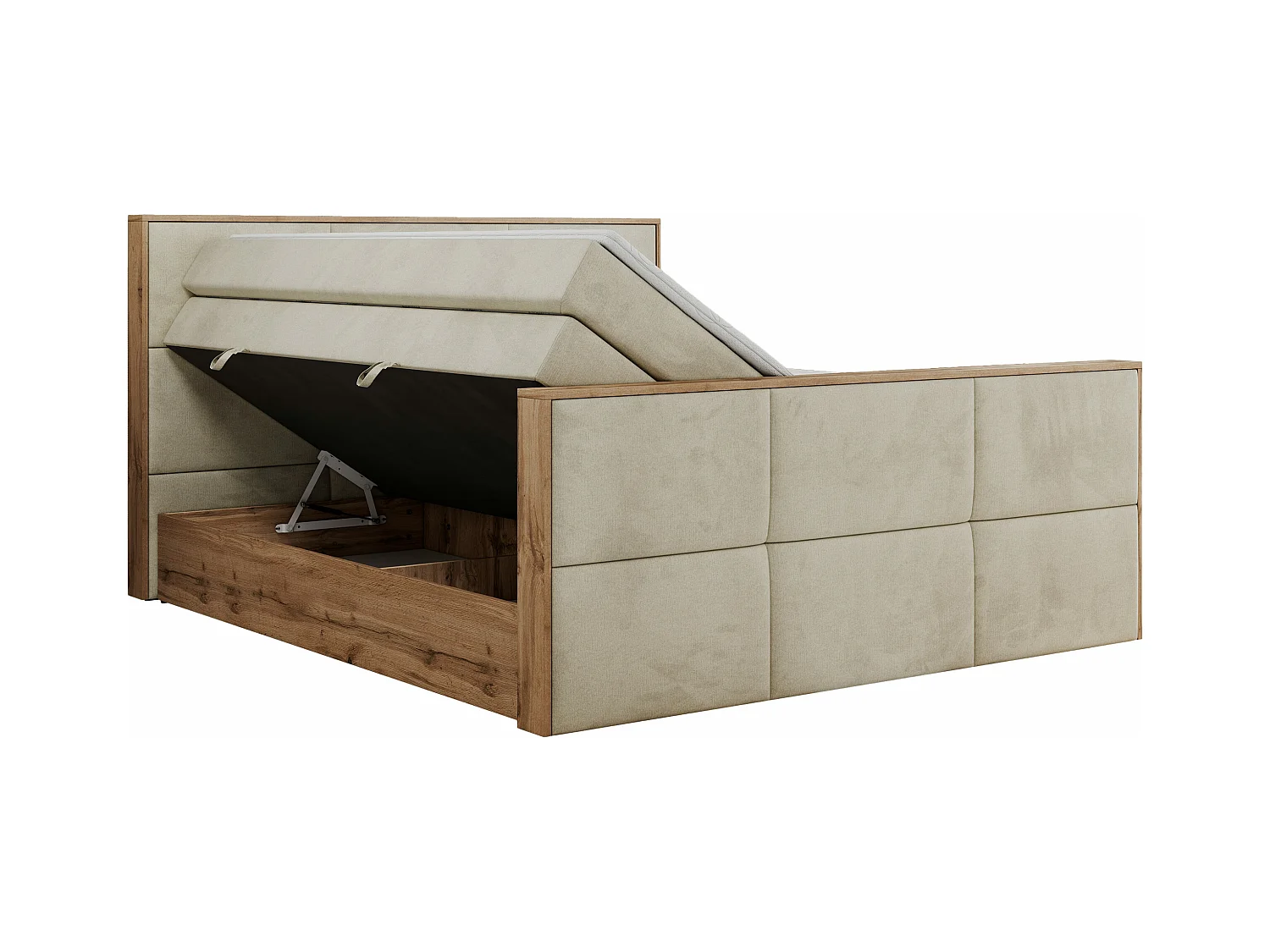 Boxspringbett ALBERO 2 KING DUO - Eiche Wotan Holzrahmen, zwei Multipocket-Matratzen, Bettkästen - 200x200 cm - H3 - Beige Velvet