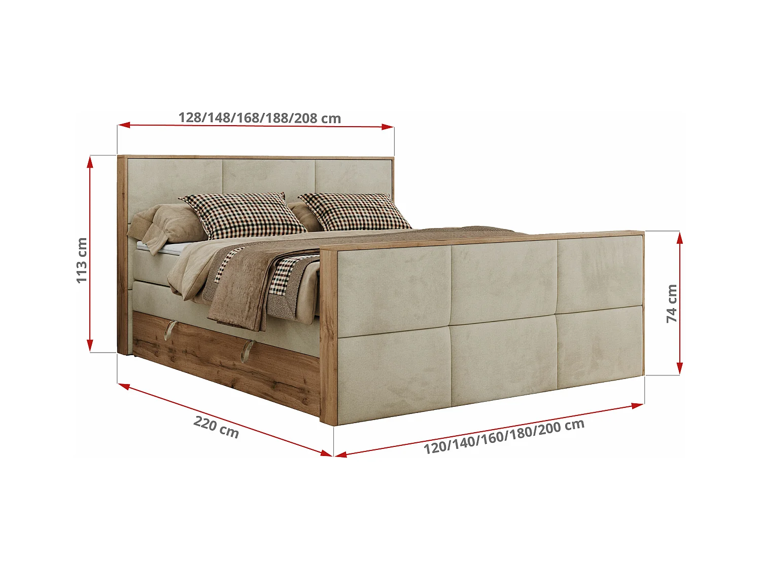 Boxspringbett ALBERO 2 KING DUO - Eiche Wotan Holzrahmen, zwei Multipocket-Matratzen, Bettkästen - 200x200 cm - H3 - Beige Velvet