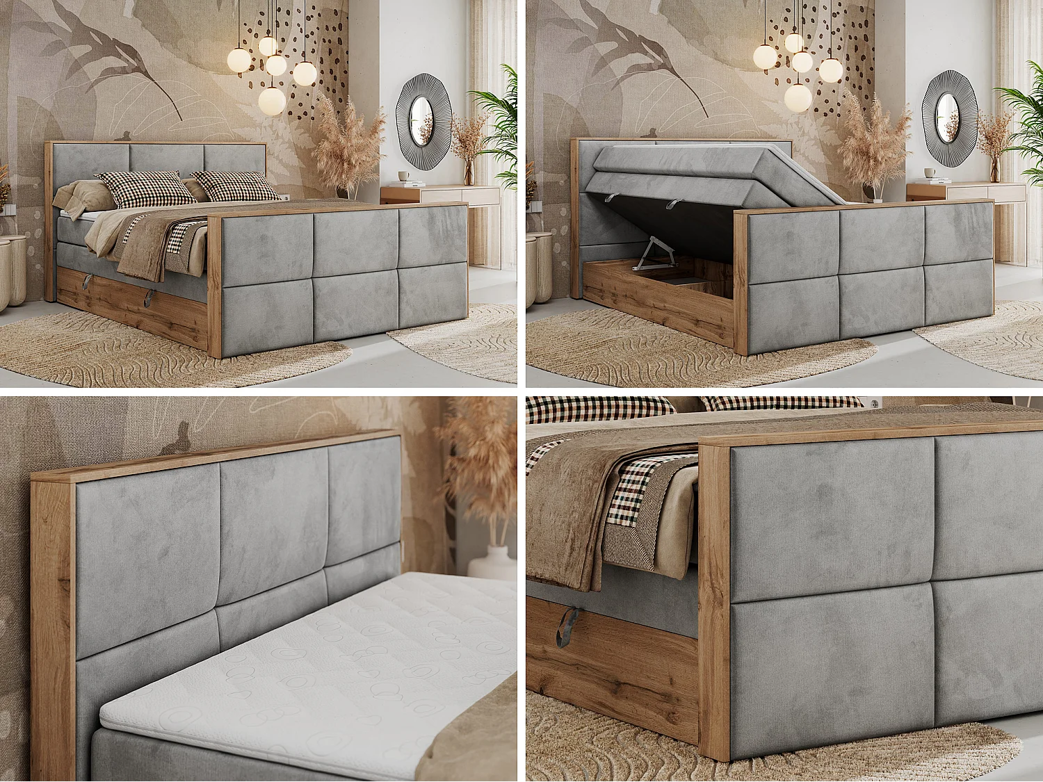 Boxspringbett ALBERO 2 KING DUO - Eiche Wotan Holzrahmen, zwei Multipocket-Matratzen, Bettkästen - 120x200 cm - H4 - Hellgrau Velvet