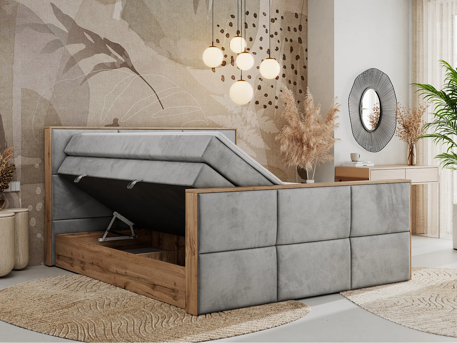 Boxspringbett ALBERO 2 KING DUO - Eiche Wotan Holzrahmen, zwei Multipocket-Matratzen, Bettkästen - 120x200 cm - H4 - Hellgrau Velvet