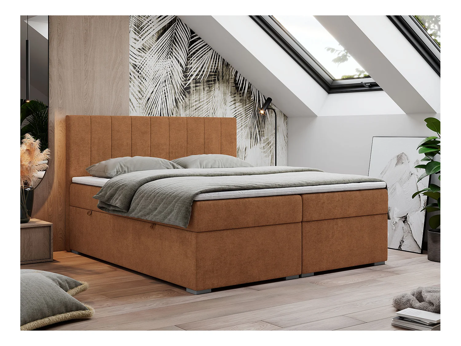 Boxspringbett LOPE - genähtes Kopfteil, Doppelbett mit Stauraum, Multipocket-Matratze, Topper - 140x200 cm - H4 - Orange Strukture