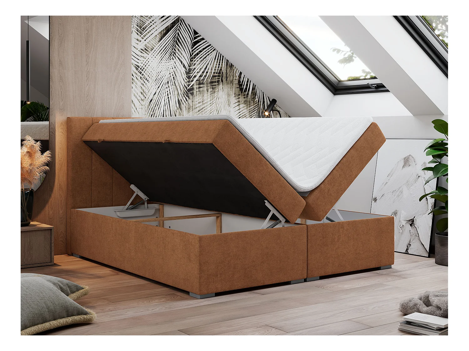 Boxspringbett LOPE - genähtes Kopfteil, Doppelbett mit Stauraum, Multipocket-Matratze, Topper - 140x200 cm - H4 - Orange Strukture