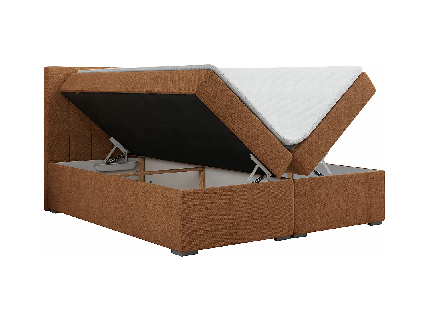 Boxspringbett LOPE - genähtes Kopfteil, Doppelbett mit Stauraum, Multipocket-Matratze, Topper - 140x200 cm - H4 - Orange Strukture