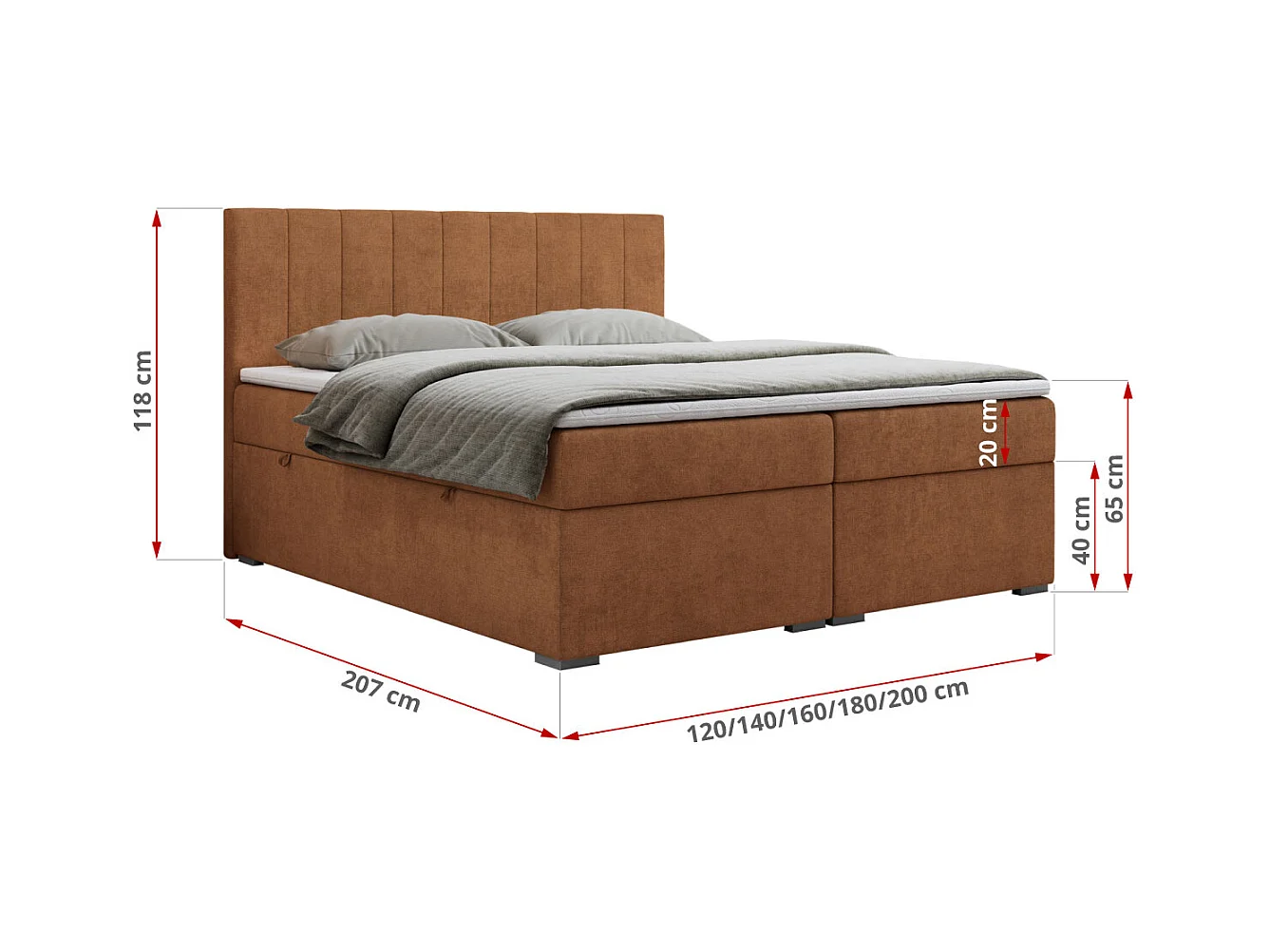Boxspringbett LOPE - genähtes Kopfteil, Doppelbett mit Stauraum, Multipocket-Matratze, Topper - 140x200 cm - H4 - Orange Strukture