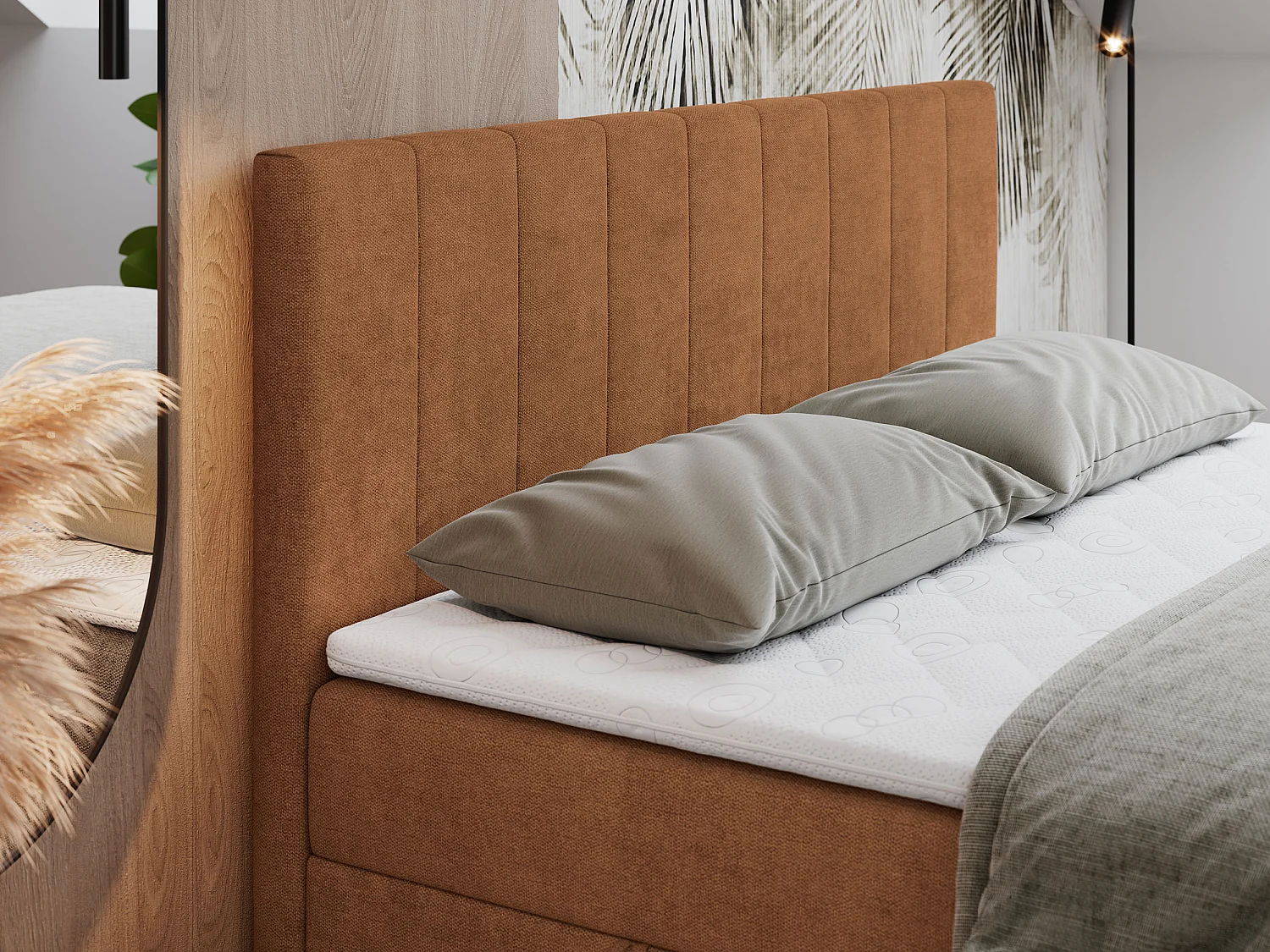 Boxspringbett LOPE - genähtes Kopfteil, Doppelbett mit Stauraum, Multipocket-Matratze, Topper - 140x200 cm - H4 - Orange Strukture