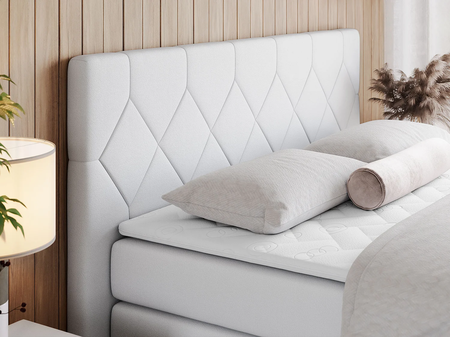 Boxspringbett EIGAR KING - Doppelbett mit genähtem Kopfteil, zwei Multipocket-Matratzen, Polsterbett für Schlafzimmer - 200x200 cm - H4 - Weiß Kunstleder