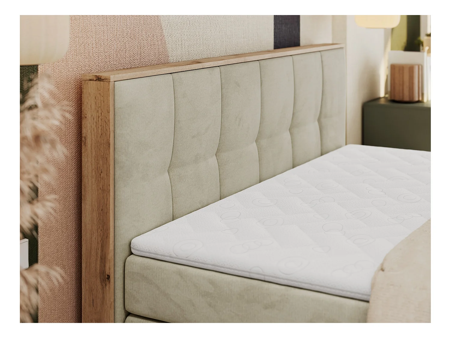 Boxspringbett ALBERO 1 KING - zwei 7 Härtezonen Multipocket-Matratzen, Doppelbett mit Stauraum, Eiche Wotan Holzrahmen - 120x200 cm - H3 - Beige Velvet