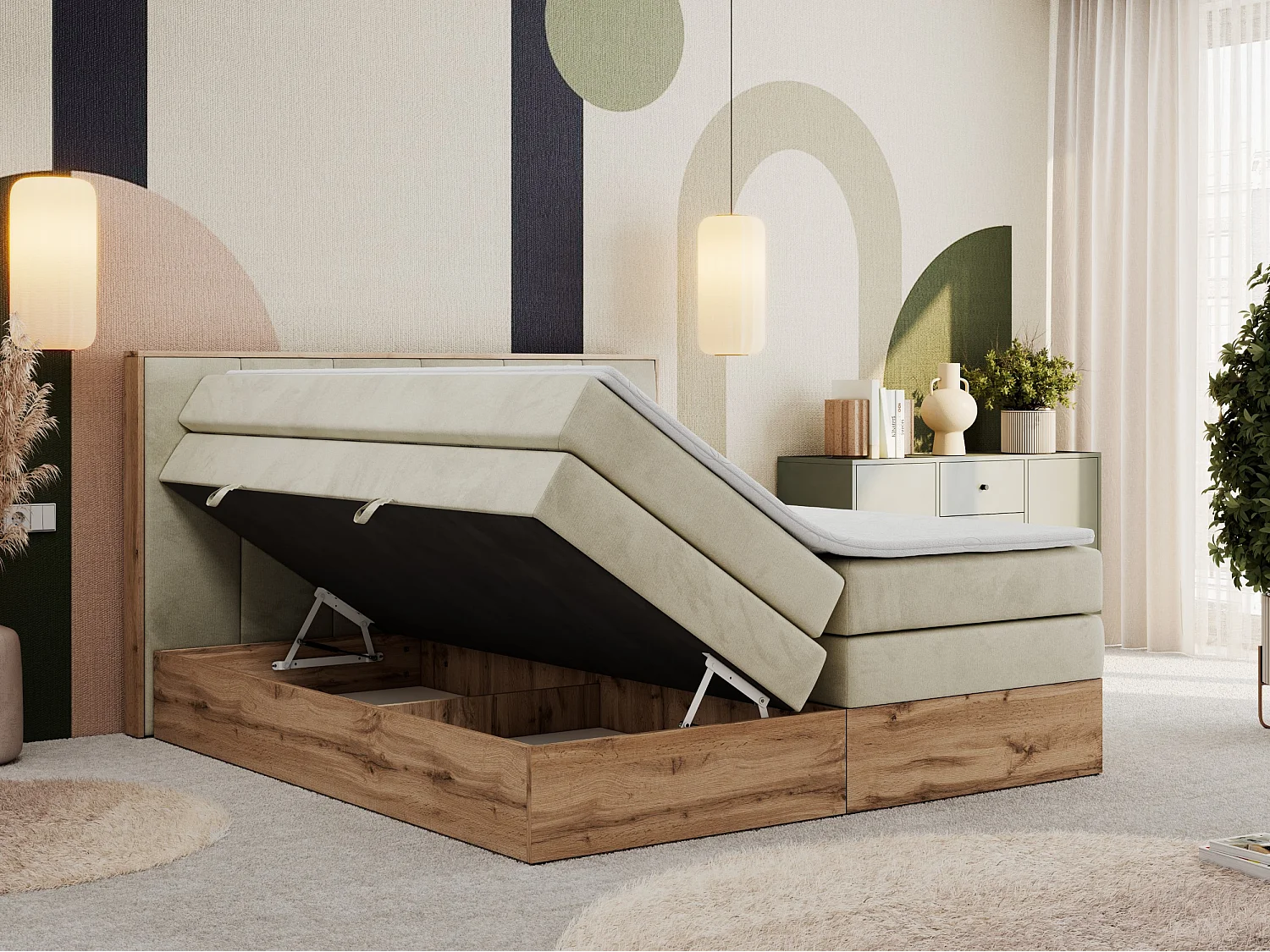 Boxspringbett ALBERO 1 KING - zwei 7 Härtezonen Multipocket-Matratzen, Doppelbett mit Stauraum, Eiche Wotan Holzrahmen - 120x200 cm - H3 - Beige Velvet