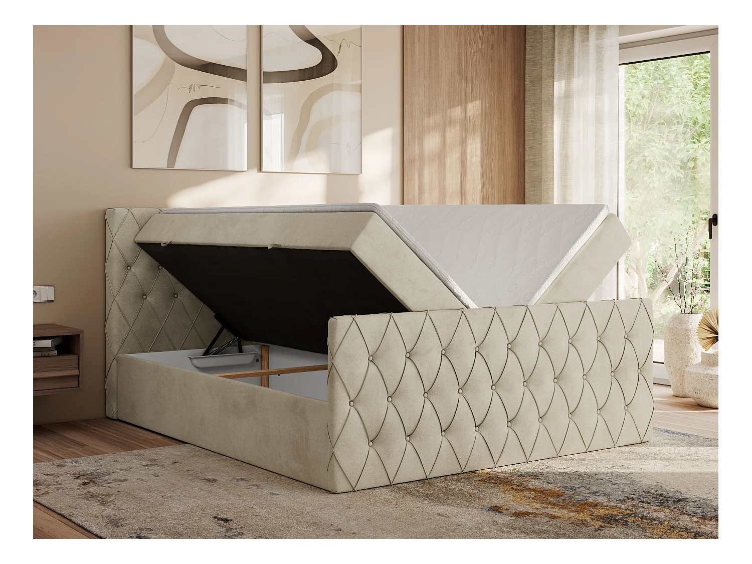 Boxspringbett MIREN DUO - mit gestepptem Kopfteil und Front, Multipocket-Matratze, zwei Bettkästen - 160x200 cm - H4 - Beige Velvet