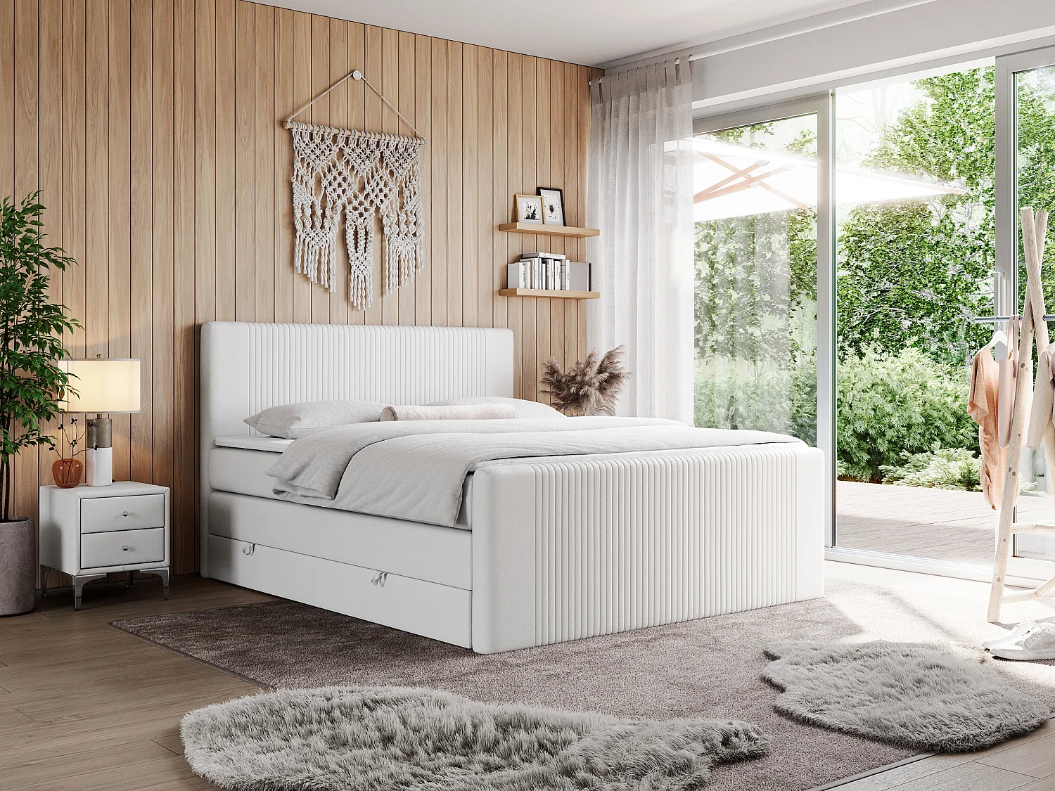 Boxspringbett DOREN KING - mit gesteppter Front und Kopfteil, zwei Multipocket-Matratzen und Topper, Doppelbett - 120x200 cm - H3 - Weiß Kunstleder