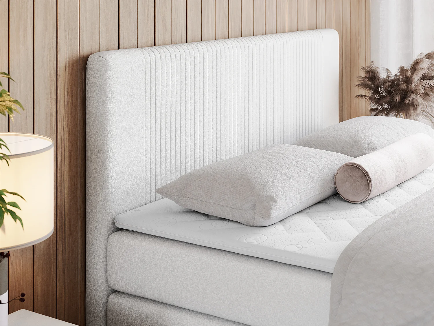 Boxspringbett DOREN KING - mit gesteppter Front und Kopfteil, zwei Multipocket-Matratzen und Topper, Doppelbett - 120x200 cm - H3 - Weiß Kunstleder