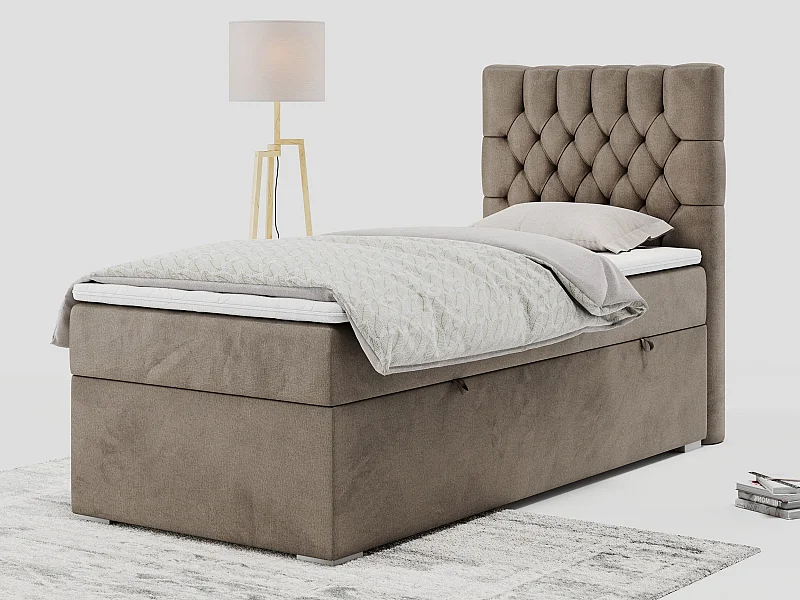 Boxspringbett PERA - Einzelbett mit Kopfstütze, Polsterbett, Multipocket-Matratze, genähtes Kopfteil - 90x200 cm - H3 - Braun Velvet - Rechts Seite